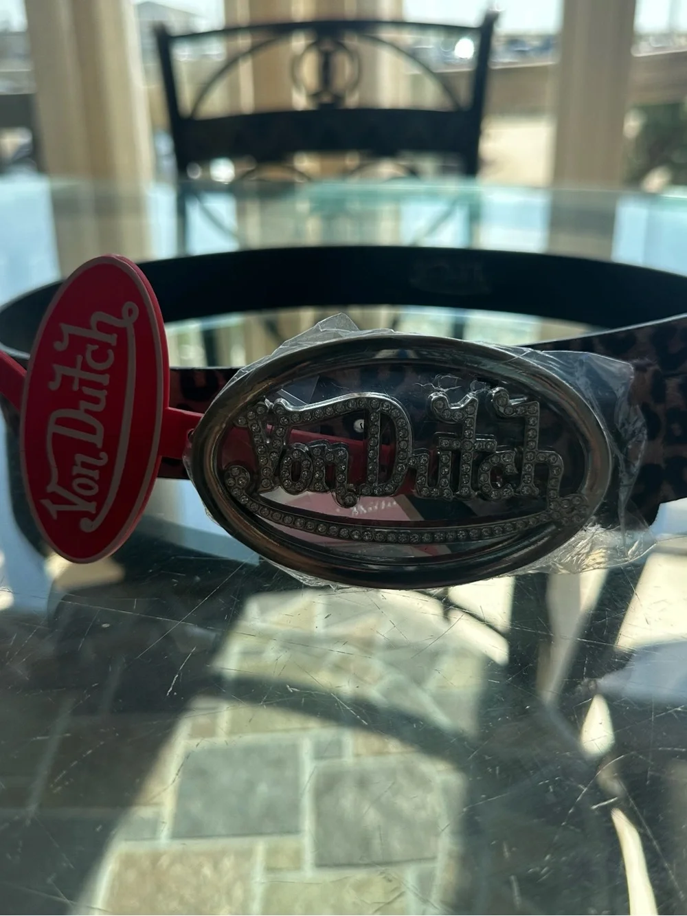 Von Dutch Leopard Print Rhinestone Logo Belt BNWT Size S / XL